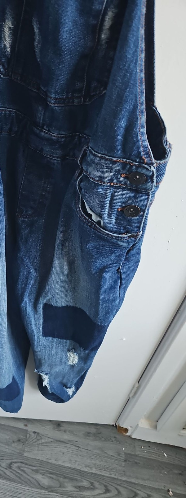 Baggy London Distressed Denim Overalls with Patch Detail size 32 267 - Image 5