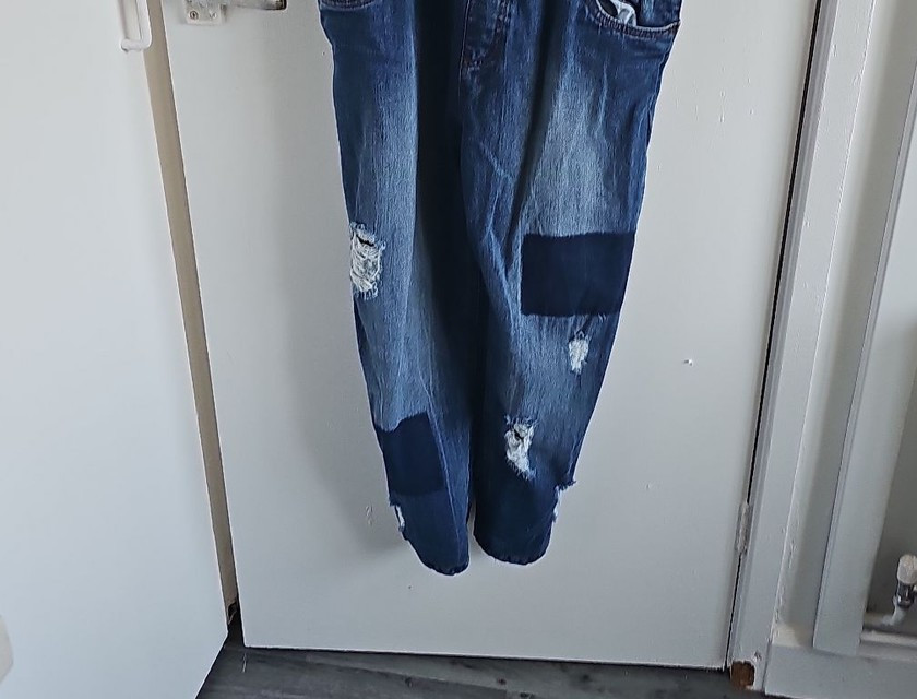 Baggy London Distressed Denim Overalls with Patch Detail size 32 267 - Image 3