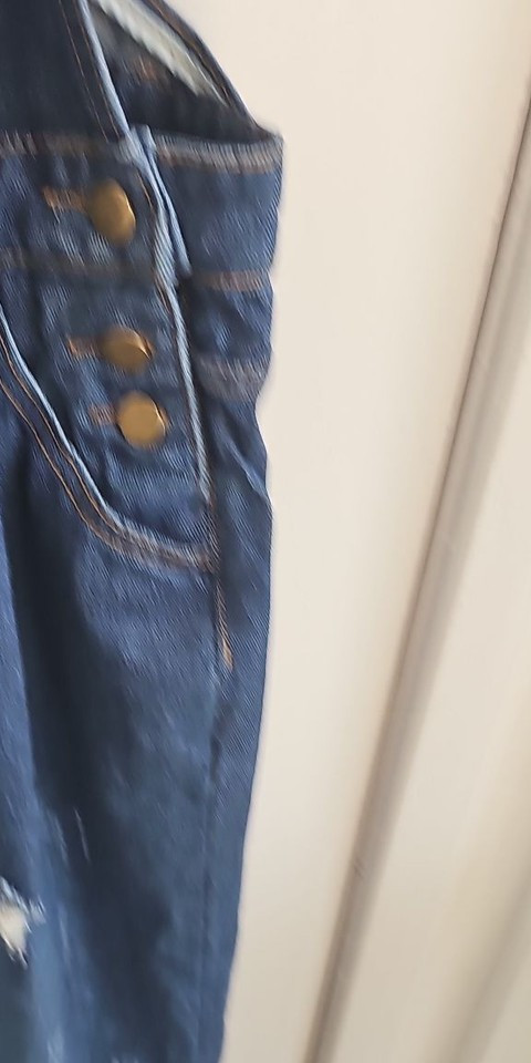 Distressed Dark Wash Denim Overalls with Raw Hem 251 - Image 6