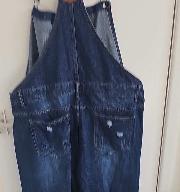 Distressed Dark Wash Denim Overalls with Raw Hem 251