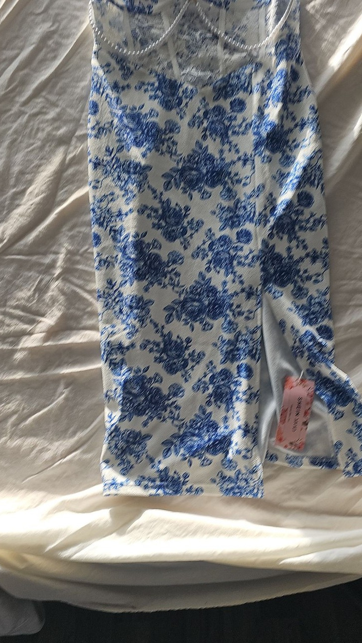 SHEIN MOD Blue Floral Midi Dress with Side Slit