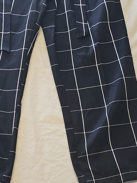 Primark Black Windowpane Check Wide Leg Trousers with Tie Waist Size 18 430 - Image 7