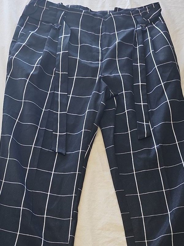 Primark Black Windowpane Check Wide Leg Trousers with Tie Waist Size 18 430 - Image 6