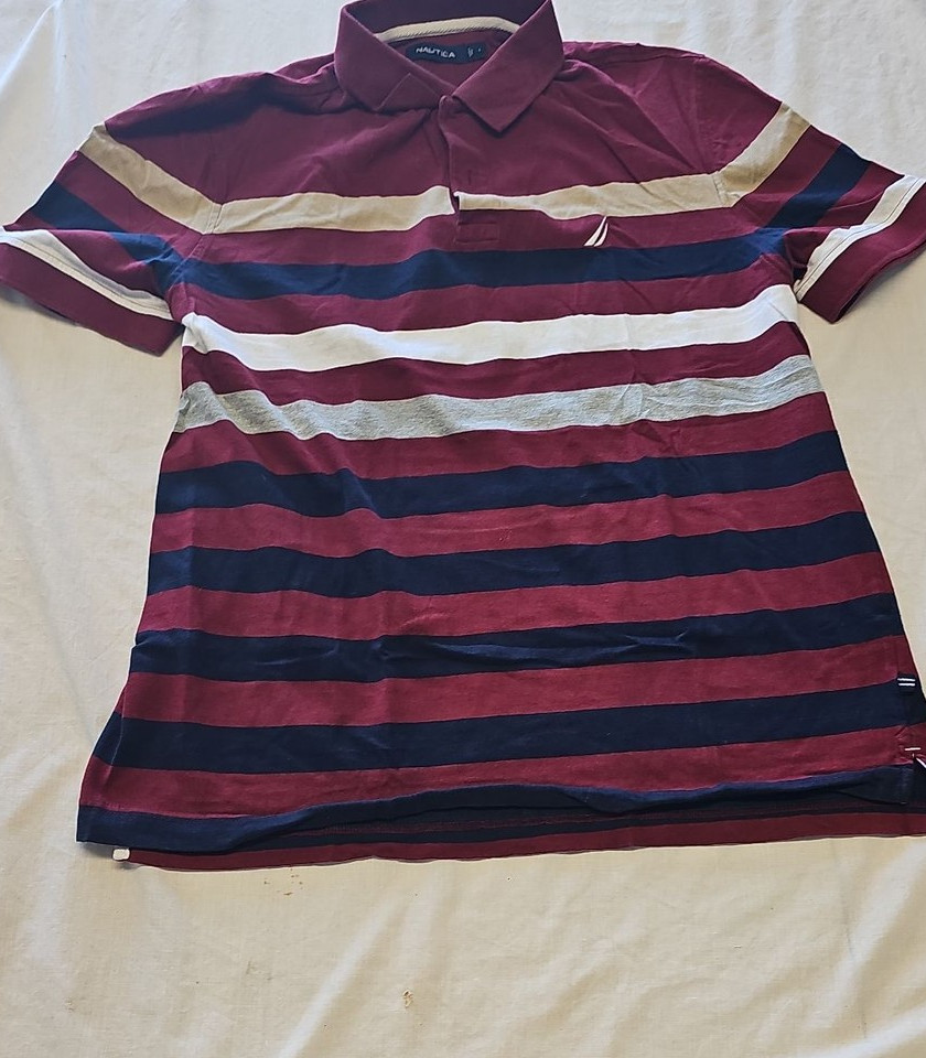 Nautica Men’s Large Striped Polo Shirt Burgundy and Navy Blue L K665