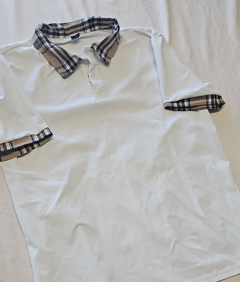 Manfinity White Polo Shirt with Plaid Trim Detail S M700 - Image 12