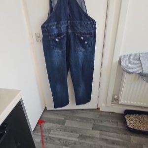 Distressed Dark Wash Denim Overalls with Raw Hem 251