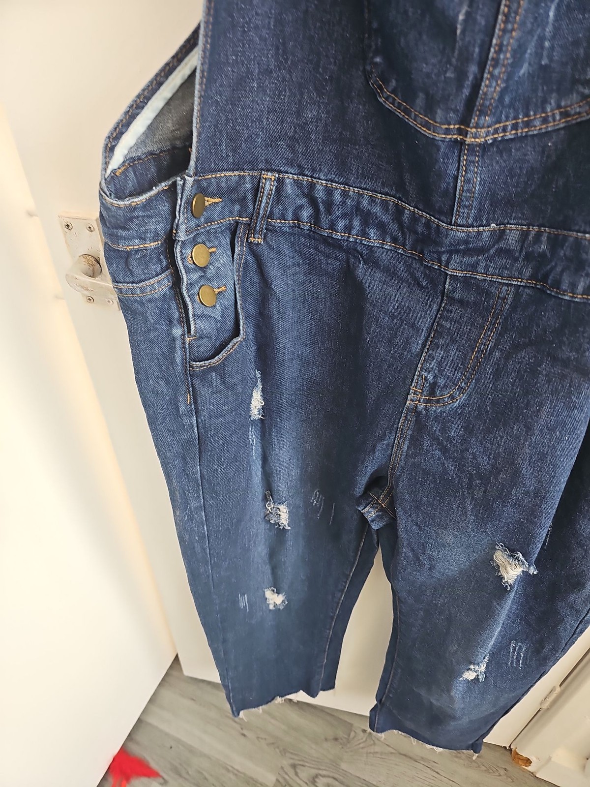 Distressed Dark Wash Denim Overalls with Raw Hem 251 - Image 8
