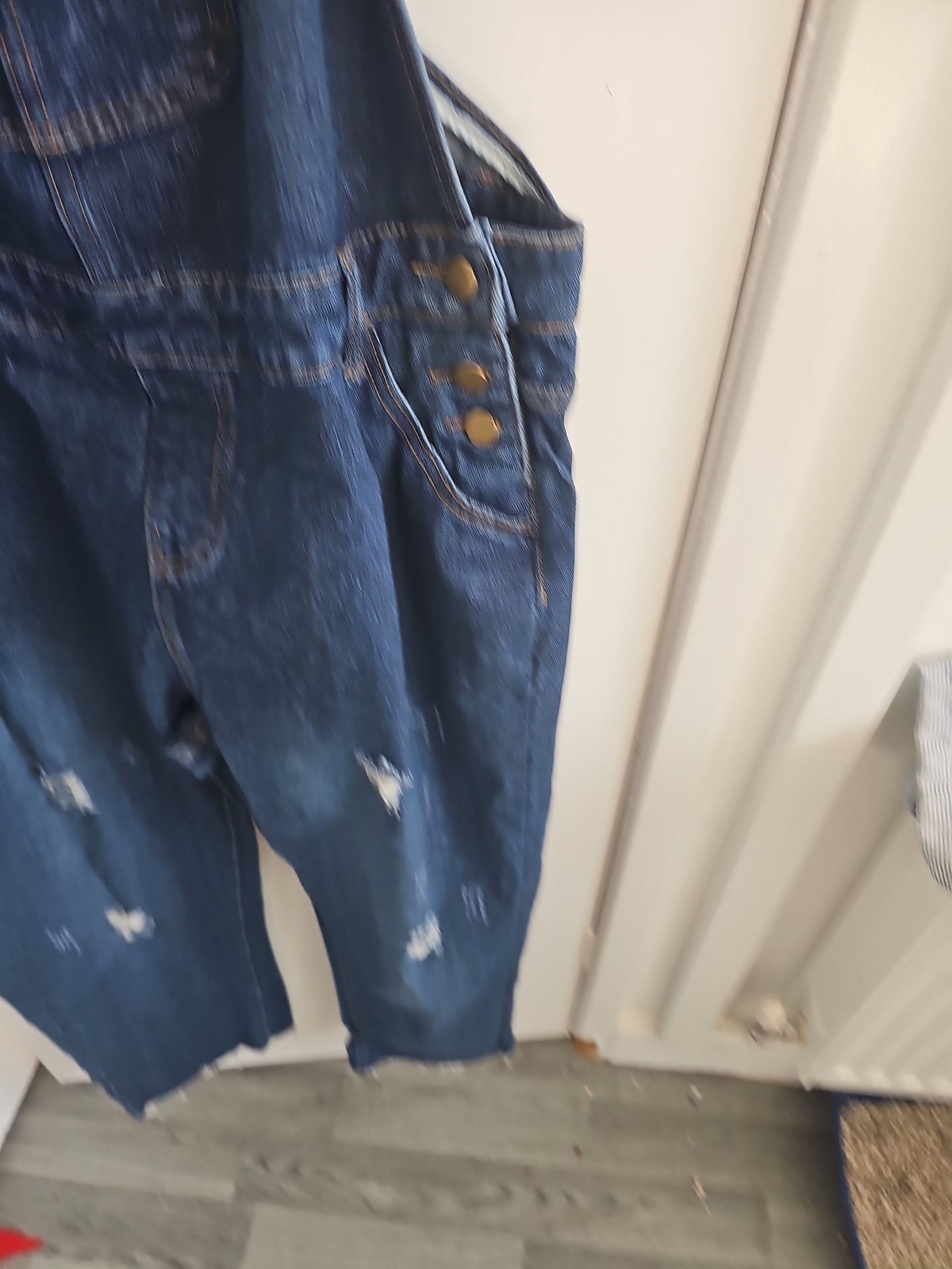 Distressed Dark Wash Denim Overalls with Raw Hem 251 - Image 9
