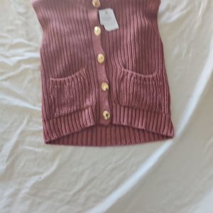 Contemporary Rose Pink Ribbed Knit Button-Up Vest with Gold Hardware