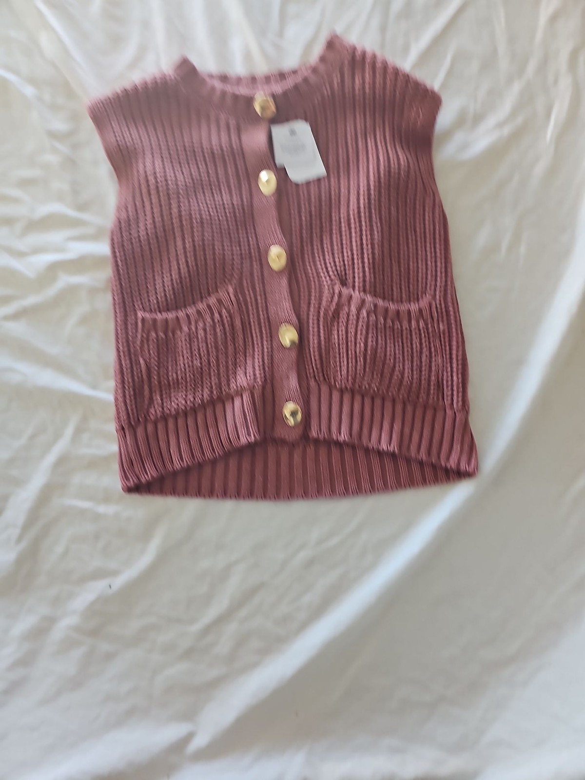 Contemporary Rose Pink Ribbed Knit Button-Up Vest with Gold Hardware