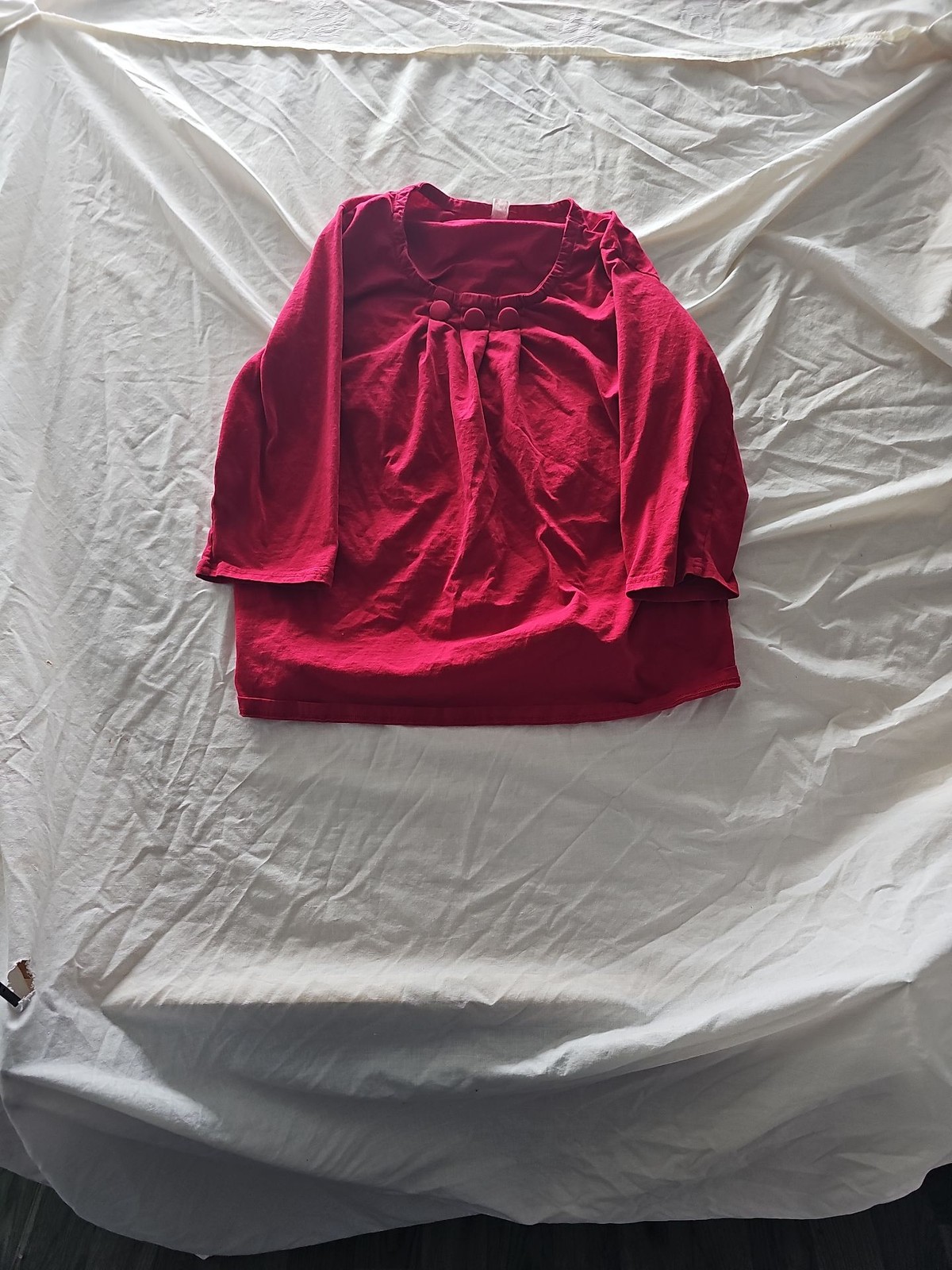 Vintage Cherry Red 3/4 Sleeve Pleated Neckline Blouse