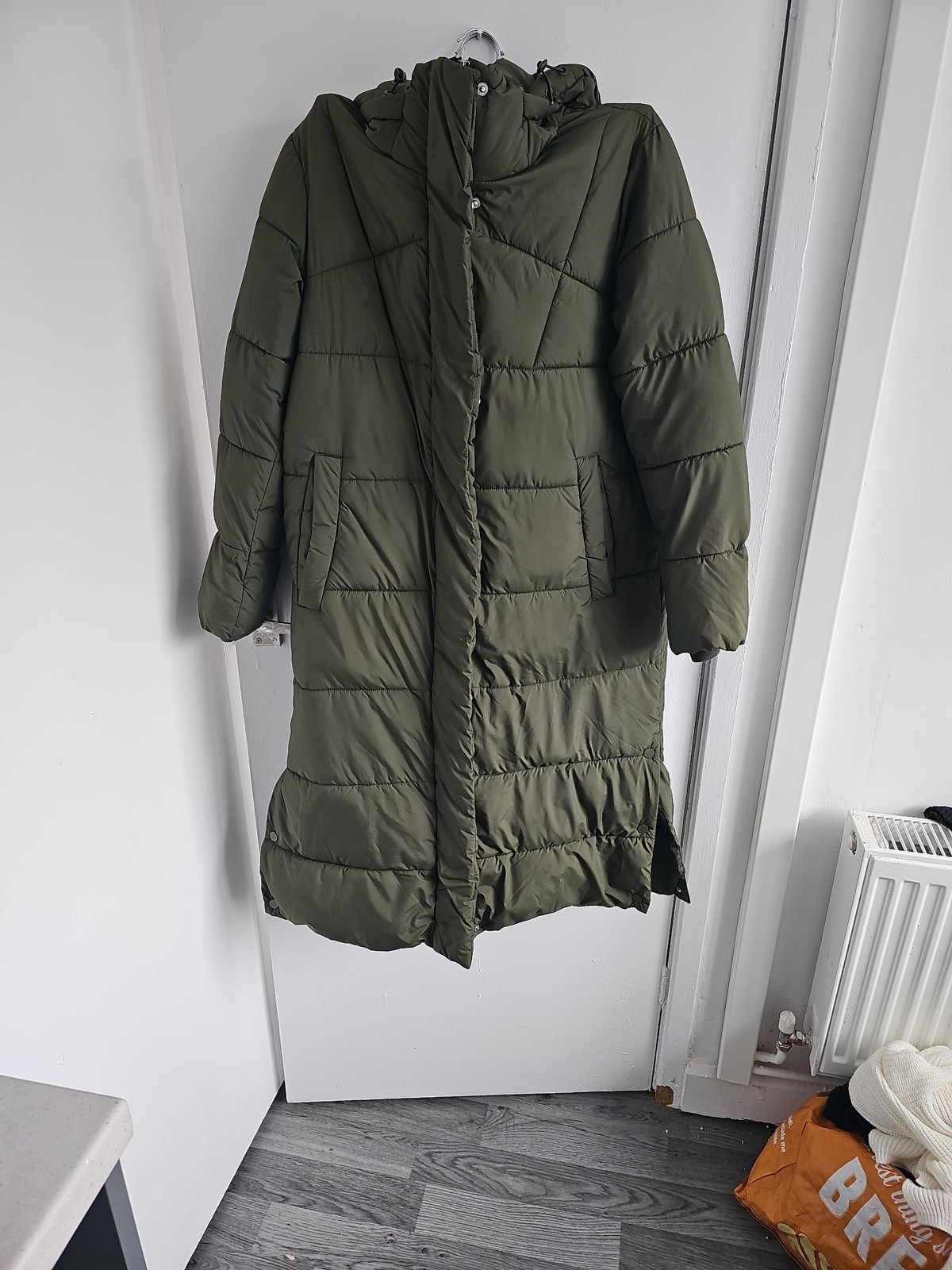 Tu Woman Olive Green Longline Puffer Coat Hooded Size S W41