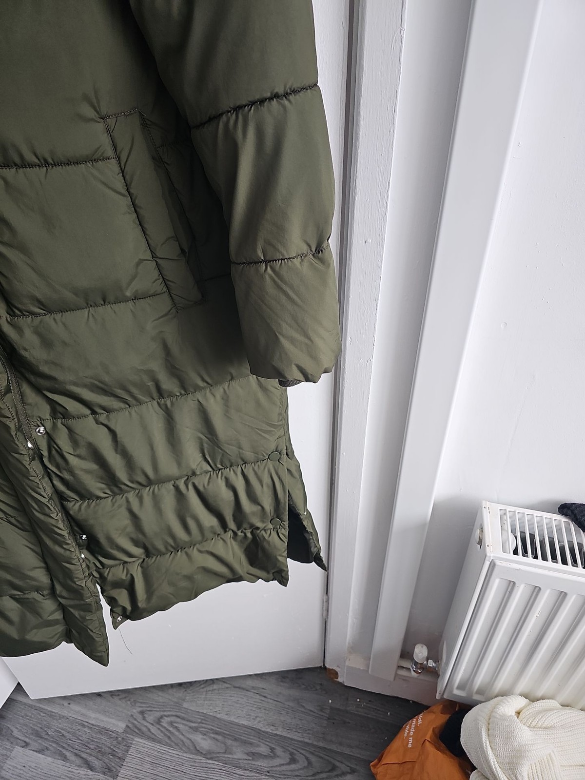 Tu Woman Olive Green Longline Puffer Coat Hooded Size S W41 - Image 4