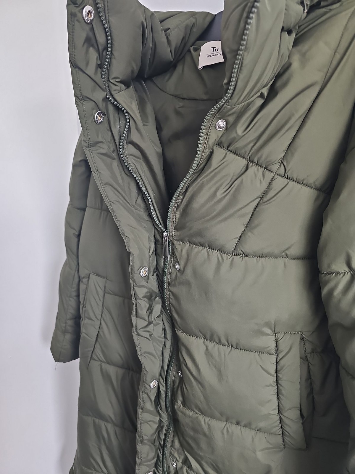 Tu Woman Olive Green Longline Puffer Coat Hooded Size S W41 - Image 5