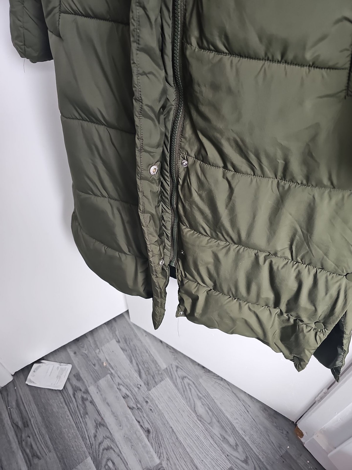 Tu Woman Olive Green Longline Puffer Coat Hooded Size S W41 - Image 6