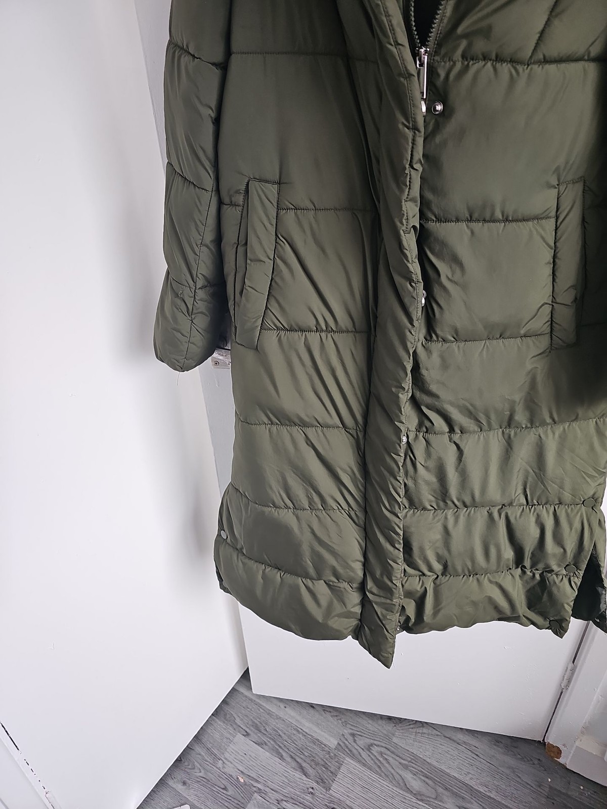 Tu Woman Olive Green Longline Puffer Coat Hooded Size S W41