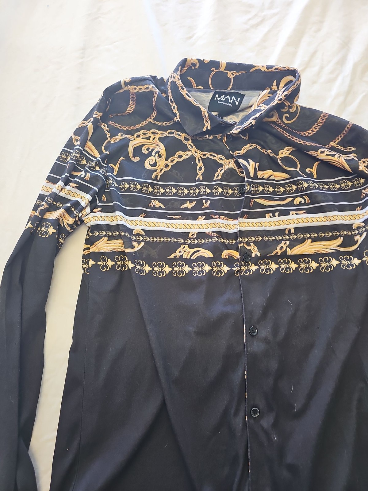 boohooMAN Black Baroque Chain Print Long Sleeve Shirt D494 - Image 3