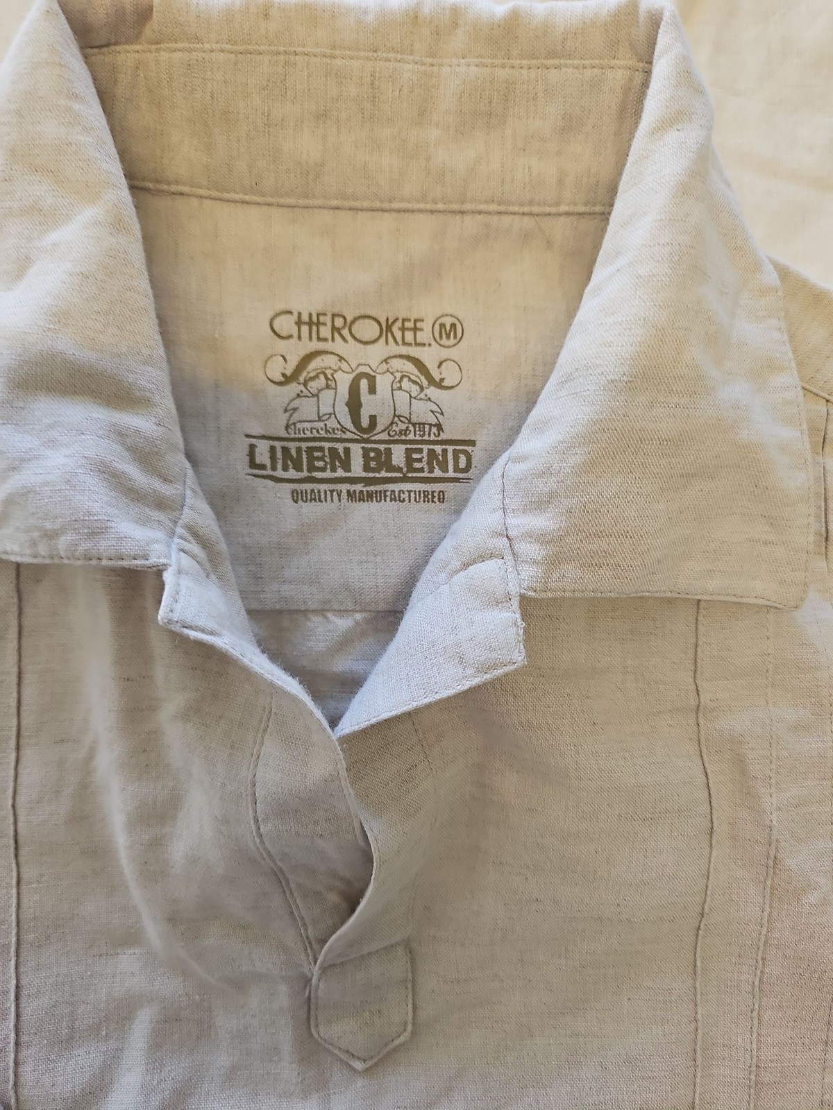 Cherokee Linen Blend Beige Guayabera Style Polo Shirt D497