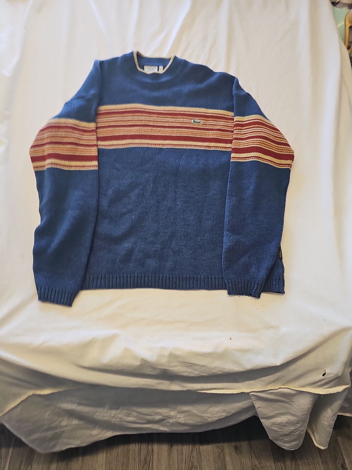 Vintage Lacoste Sport Ribbed Knit Crewneck Sweater - Blue/Red Stripe D505