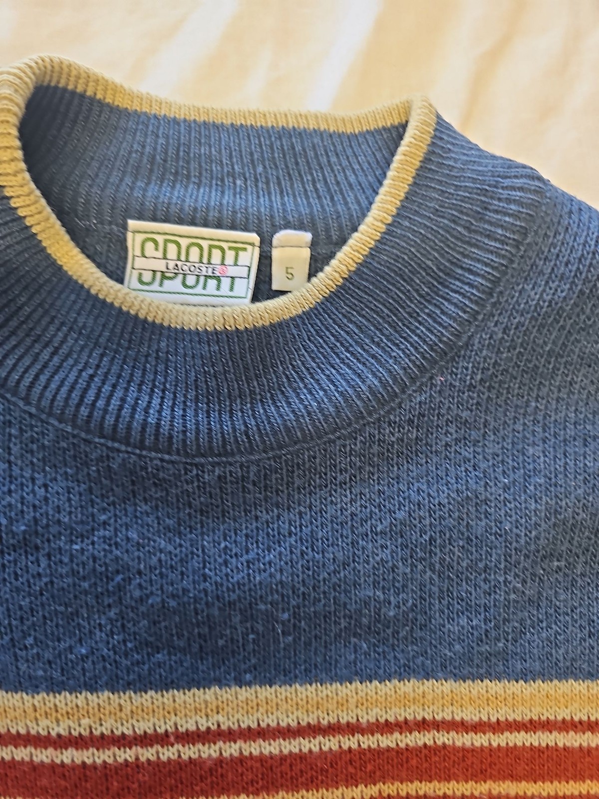 Vintage Lacoste Sport Ribbed Knit Crewneck Sweater – Blue/Red Stripe D505