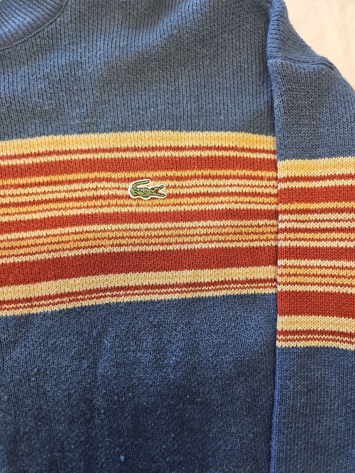 Vintage Lacoste Sport Ribbed Knit Crewneck Sweater - Blue/Red Stripe D505 - Image 3