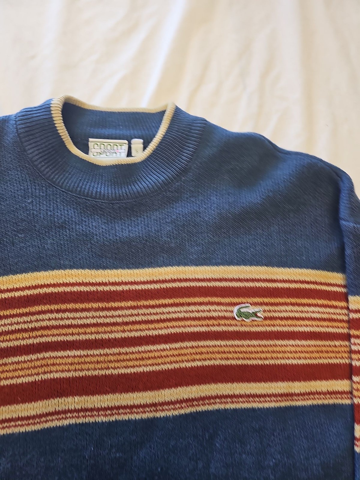 Vintage Lacoste Sport Ribbed Knit Crewneck Sweater - Blue/Red Stripe D505 - Image 7