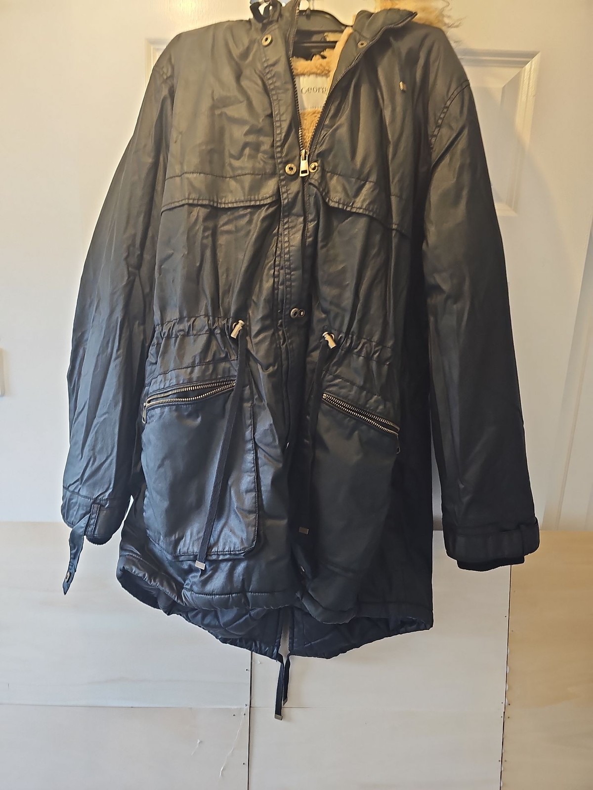 George Black Waxed-Look Parka with Faux Fur Lining W452