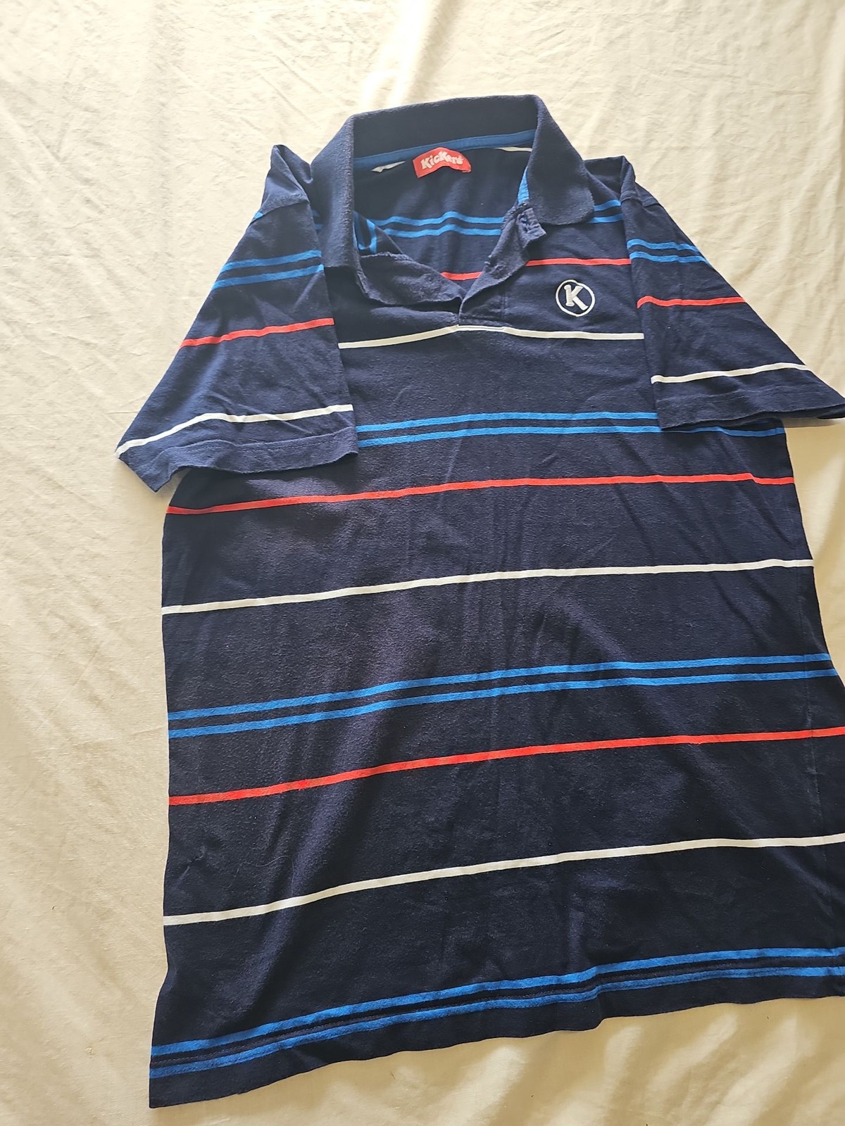 Vintage Kickers Navy Blue Striped Polo Shirt H598 - Image 3