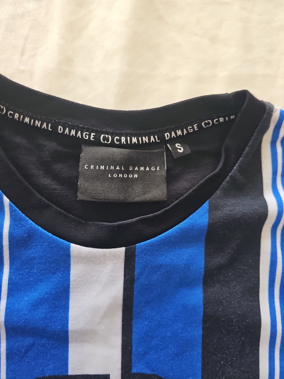 Criminal Damage London Blue and Black Striped T-Shirt Small I605