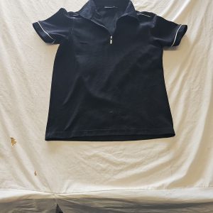 Vintage BHS Black Ribbed Zip-Up Polo Shirt with Piping E626