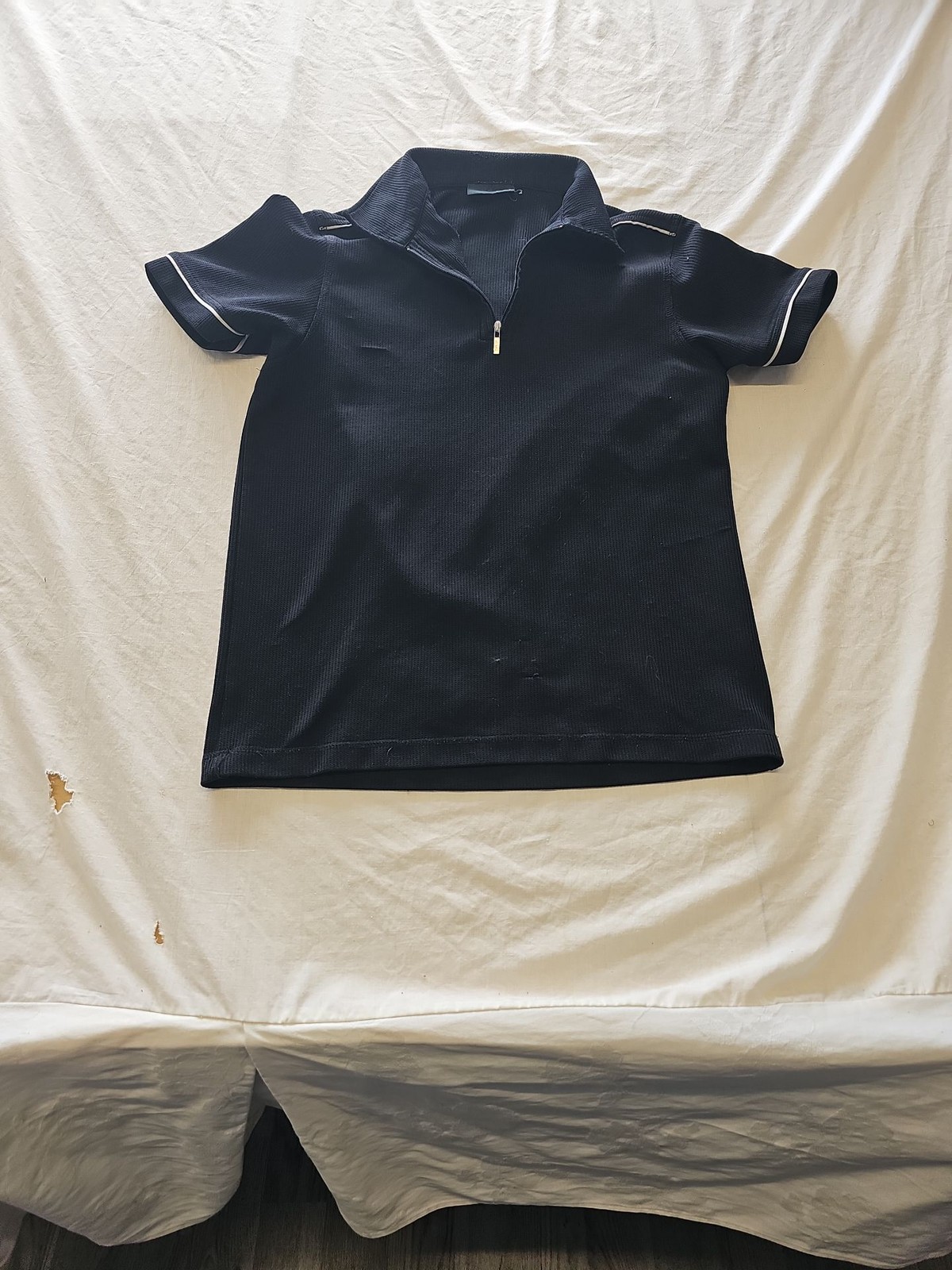 Vintage BHS Black Ribbed Zip-Up Polo Shirt with Piping E626