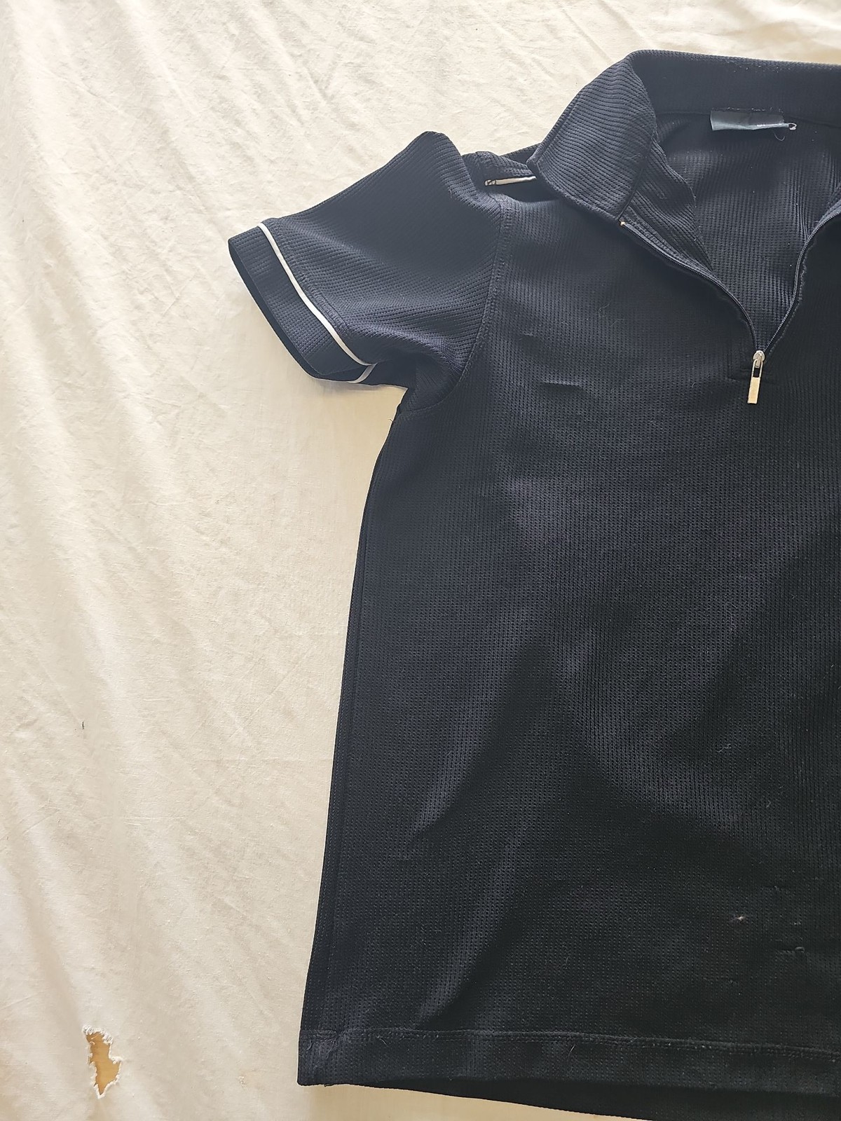 Vintage BHS Black Ribbed Zip-Up Polo Shirt with Piping E626 - Image 4