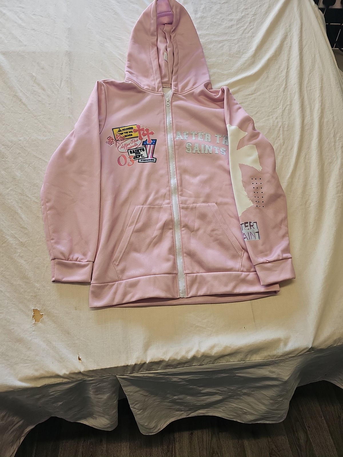After The Saints Pink Y2K Style Zip-Up Hoodie Medium J652