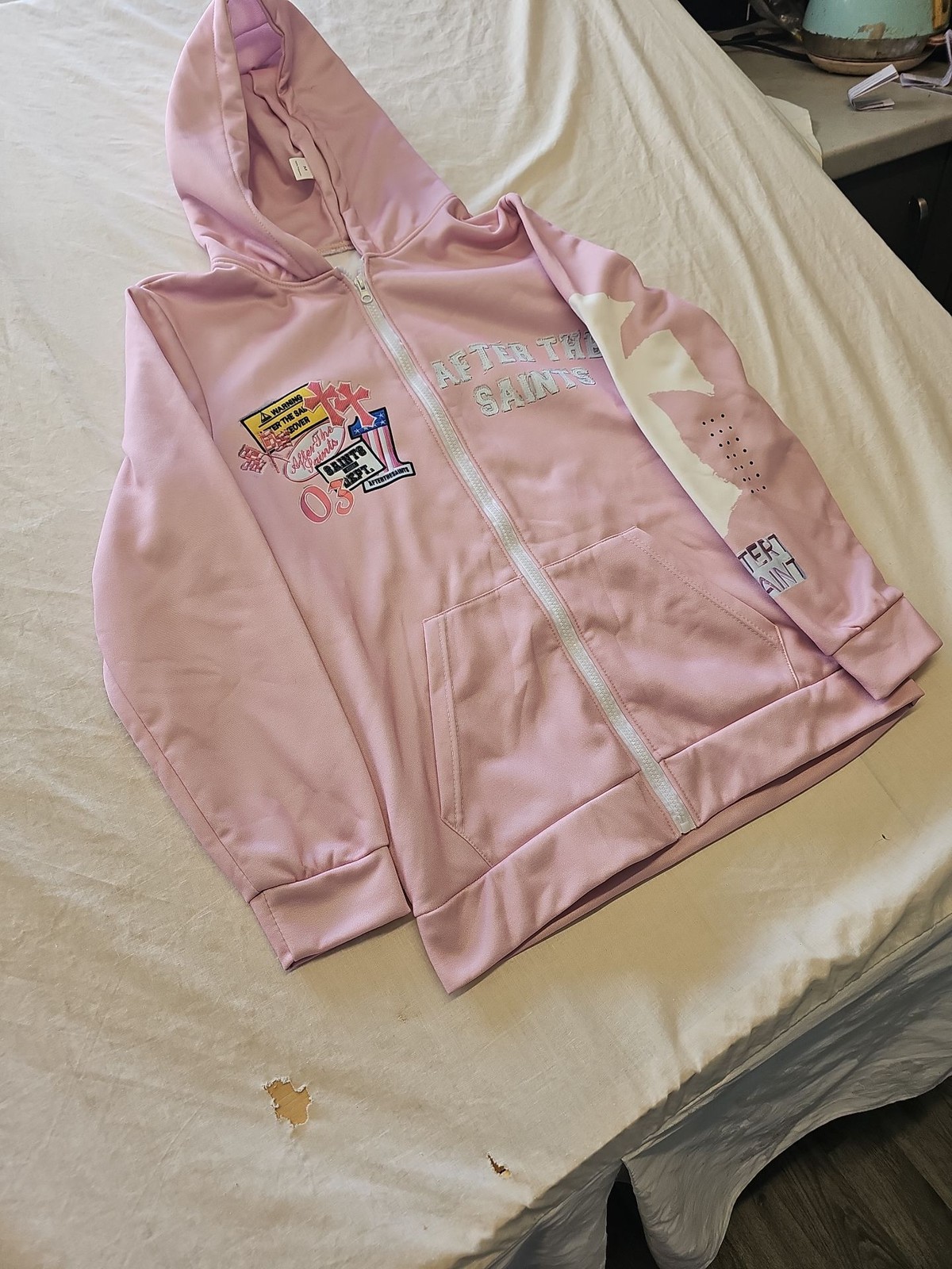 After The Saints Pink Y2K Style Zip-Up Hoodie Medium J652 - Image 3