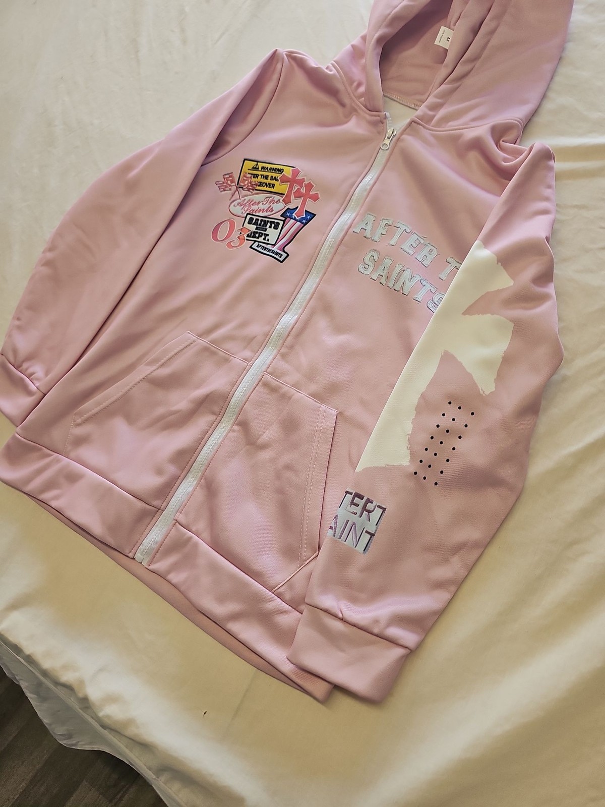 After The Saints Pink Y2K Style Zip-Up Hoodie Medium J652 - Image 4