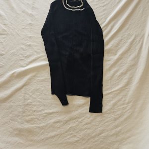 F&F Black Ribbed Knit Jumper with White Contrast Neckline UK 2 389