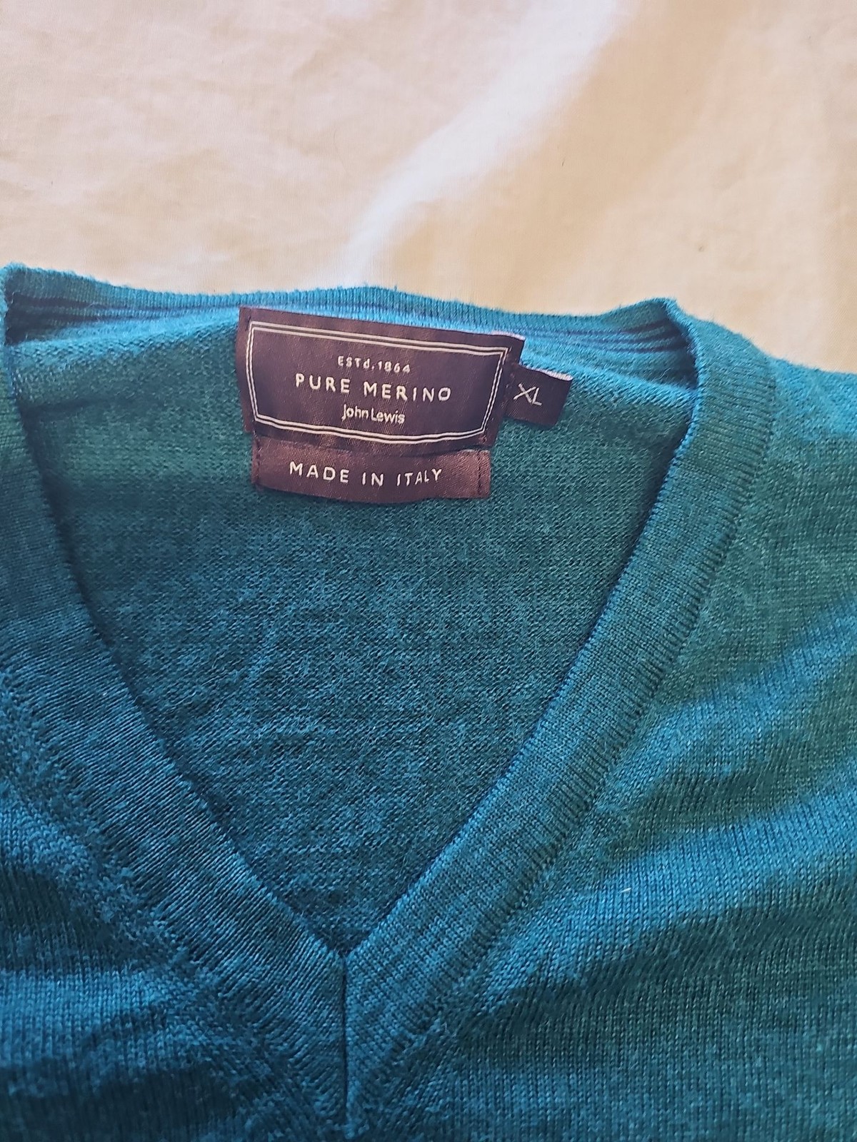 John Lewis Pure Merino Wool V-Neck Jumper – Teal – Made in Italy XL L683