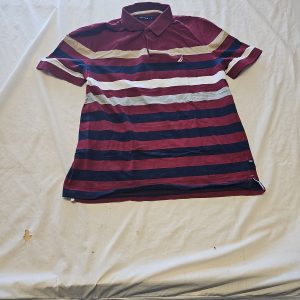 Nautica Men's Large Striped Polo Shirt Burgundy and Navy Blue L K665
