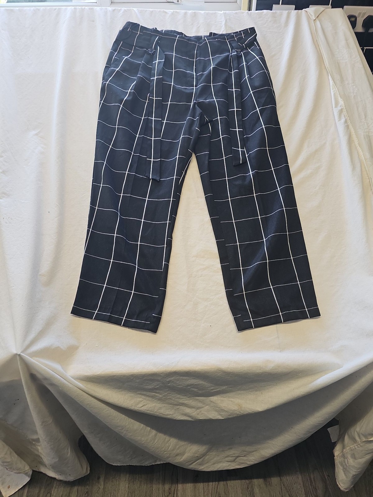 Primark Black Windowpane Check Wide Leg Trousers with Tie Waist Size 18 430