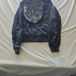 Black Hooded Bomber Jacket with Olive Graphic Lining 324