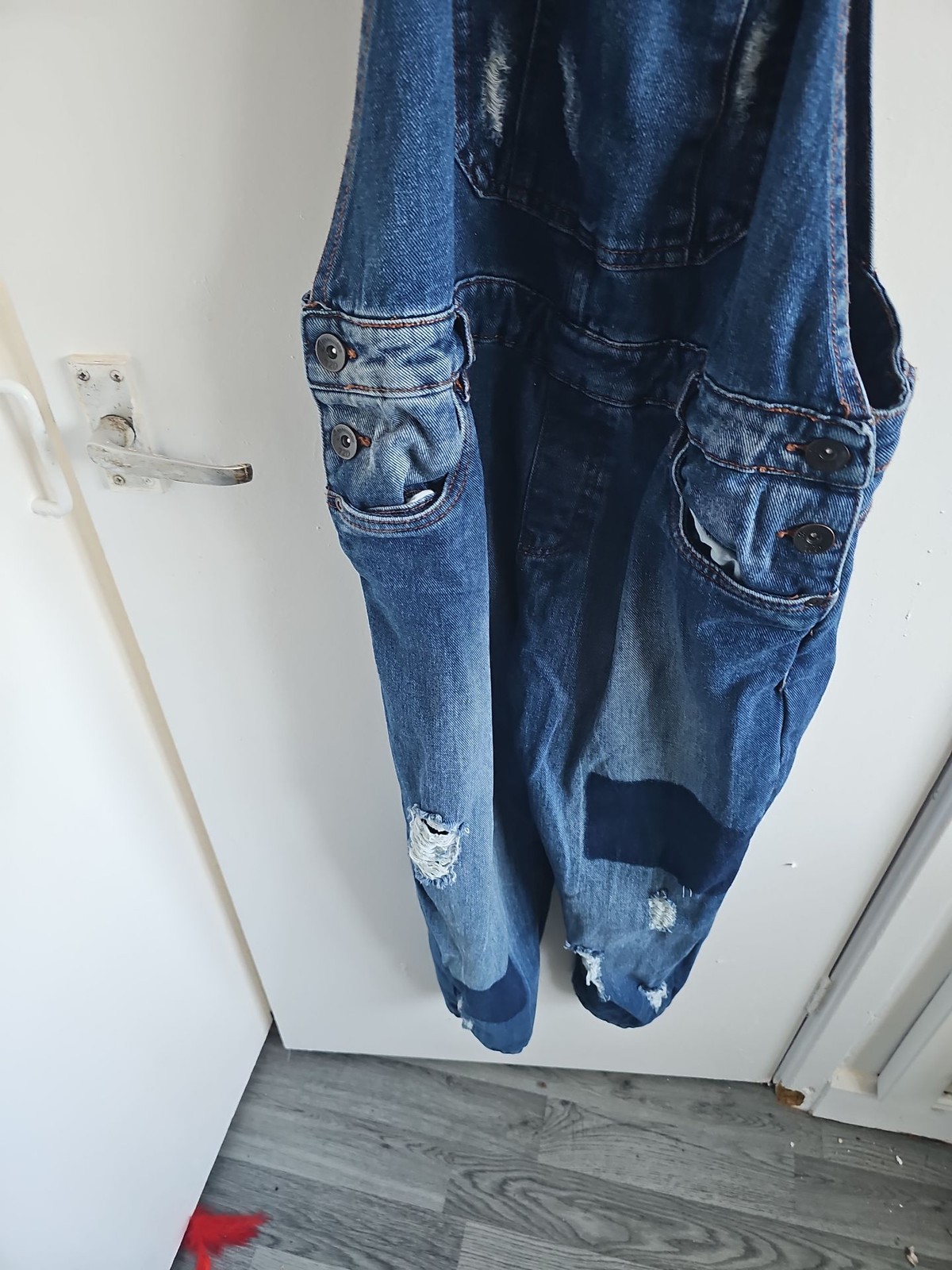 Baggy London Distressed Denim Overalls with Patch Detail size 32 267 - Image 8