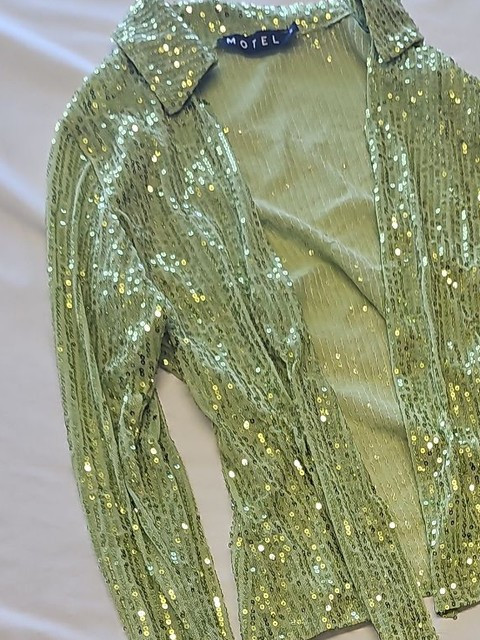 Motel Rocks Lime Green Sequin Long Sleeve Mesh Top Small Z895 - Image 11