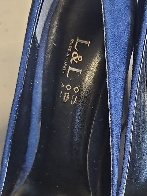 L&L Navy Blue Suede Pointed Toe Pumps with Metallic Block Heel EU38 972 - Image 8