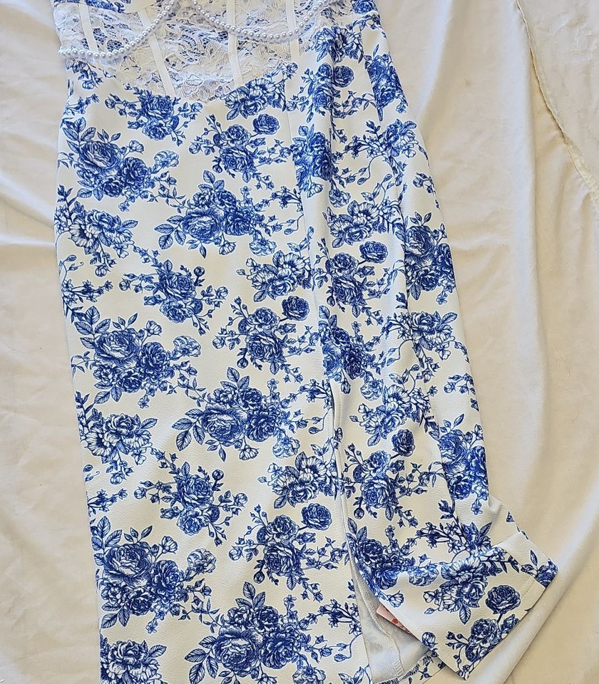 SHEIN MOD Blue Toile Floral Print Midi Dress with Slit size 8/10 KK206 - Image 11