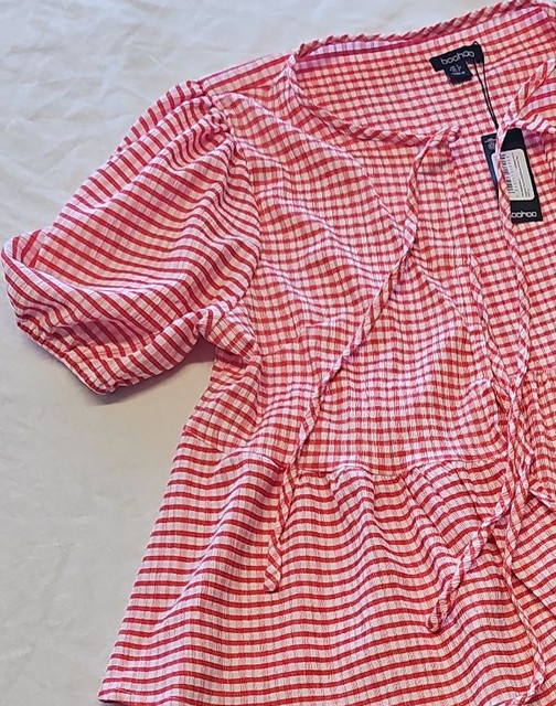 Boohoo Red Gingham Puff Sleeve Tie-Front Smock Top uk8 KK188 - Image 10