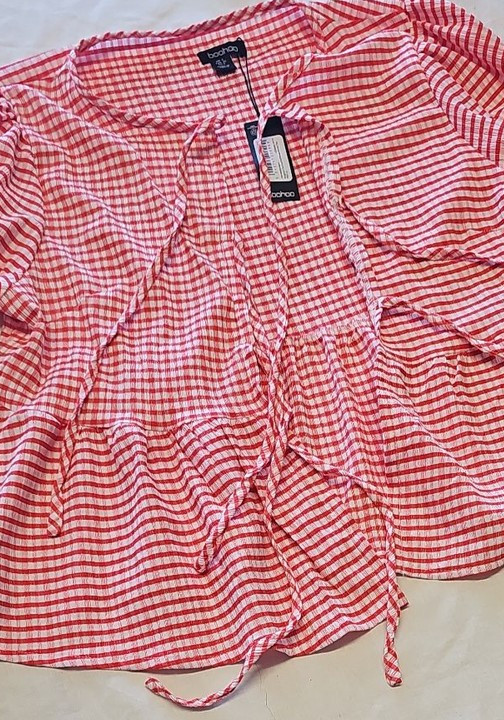 Boohoo Red Gingham Puff Sleeve Tie-Front Smock Top uk8 KK188 - Image 9