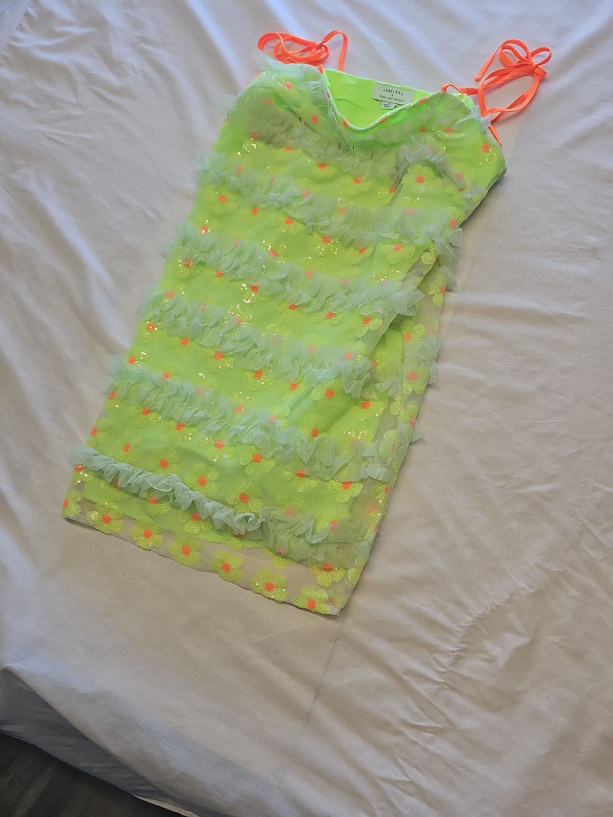 Labelrail x Pose and Repeat Neon Lime Sequin Tulle Mini Dress 12 Y884 - Image 4