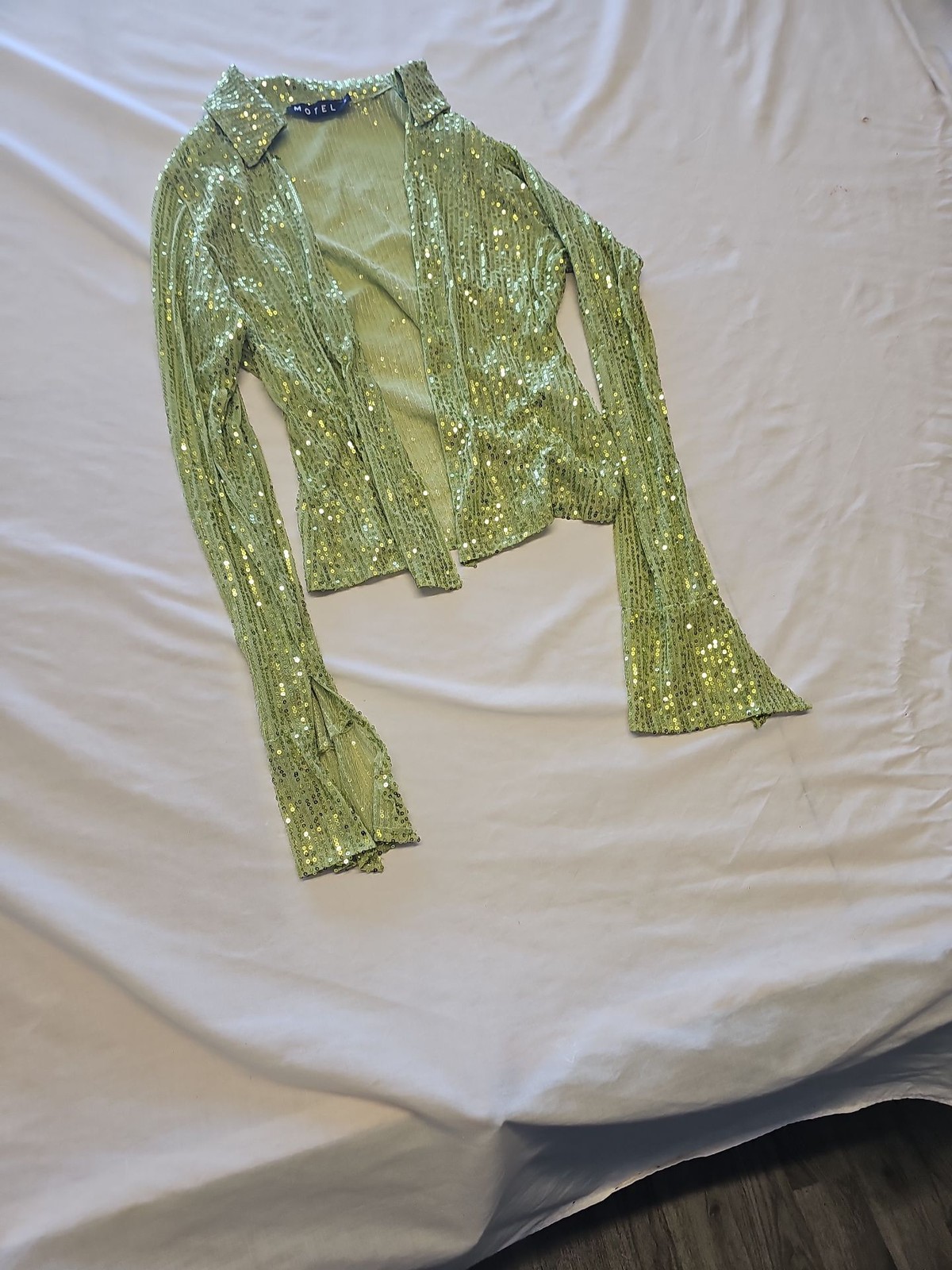 Motel Rocks Lime Green Sequin Long Sleeve Mesh Top Small Z895 - Image 3