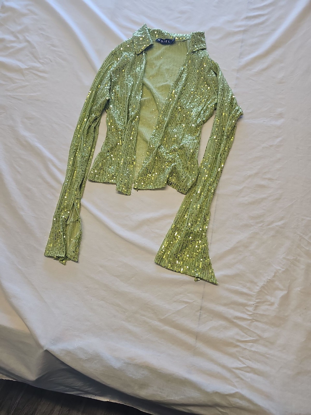 Motel Rocks Lime Green Sequin Long Sleeve Mesh Top Small Z895 - Image 4