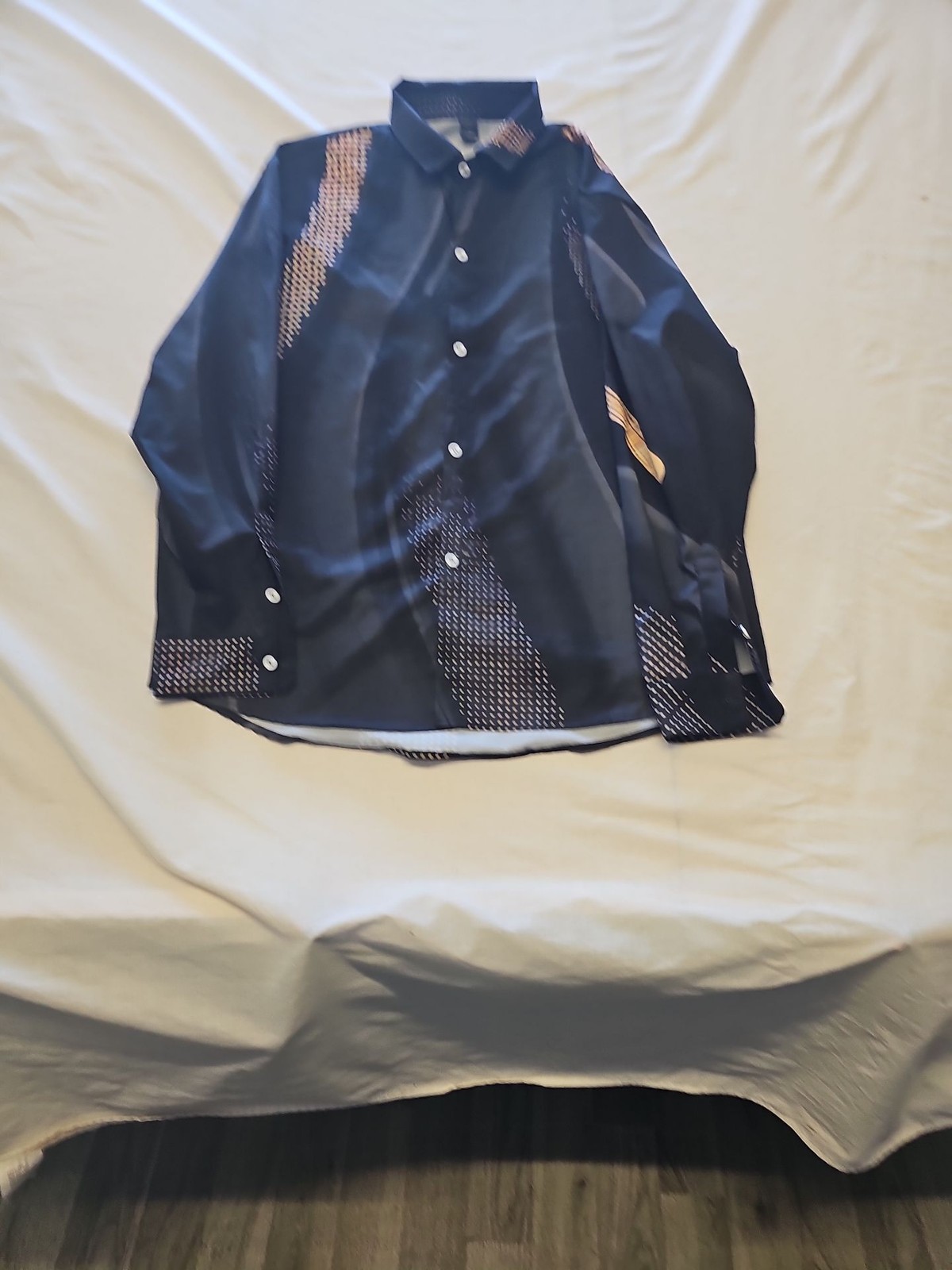 Men's Black Graphic Geometric Print Long Sleeve Button-Up Shirt XL Y890